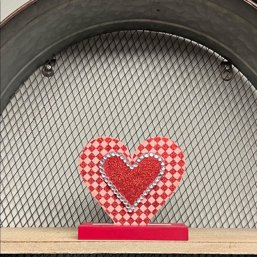 Valentine’s Day Decor Heart Block-Pink/Red Checkered Print and Rhinestones